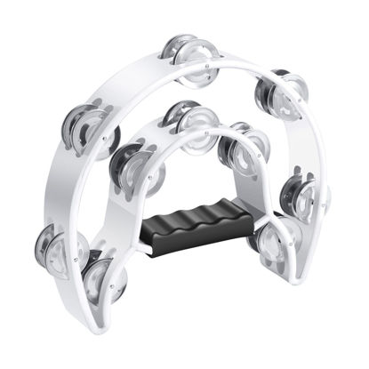 Picture of Flexzion Tambourine Metal Half Moon Musical Instruments Double Row Metal Jingles Hand Held Instruments Percussion with Ergonomic Handle Grip, Tambourines for Adults Church, White
