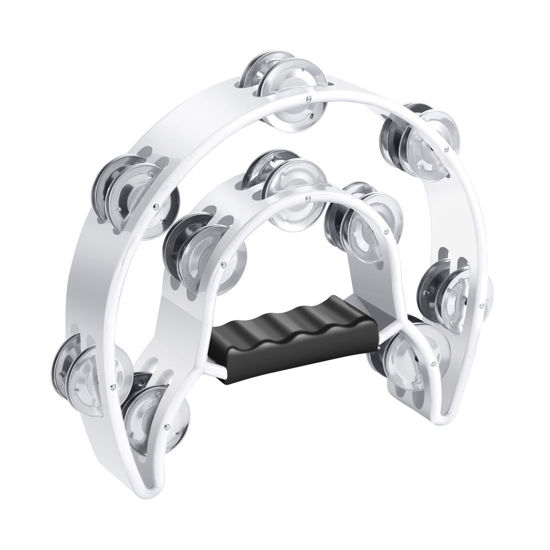 Picture of Flexzion Tambourine Metal Half Moon Musical Instruments Double Row Metal Jingles Hand Held Instruments Percussion with Ergonomic Handle Grip, Tambourines for Adults Church, White