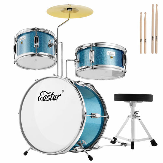 Picture of Kids Drum Set Eastar 3-Piece for Beginners, 14 inch Drum Kit with Adjustable Throne, Cymbal, Pedal & Two Pairs of Drumsticks, Junior Drum Set with Bass Tom Snare Drum, Metallic Sky Blue