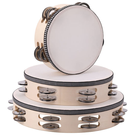 Picture of 3Pack Double Row Tambourine for Adults 6 Inch 8 Inch 10 Inch Wooden Tambourines Hand Held Drum Bell Tambourine with Metal Jingles, Percussion Musical Instruments Hand Tambourine for Church, Party