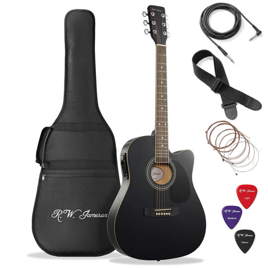 Picture of Jameson Guitars Full Size Thinline Acoustic Electric Guitar with Free Gig Bag Case & Picks Black Right Handed