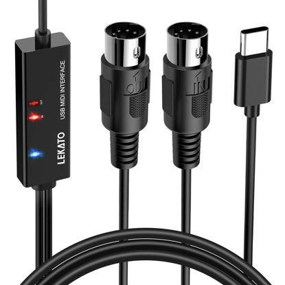 Picture of LEKATO MIDI Cable, MIDI to USB C, Type-C MIDI Interface with Input & Output Connecting Keyboard/Synthesizer for Editing Recording Professional Cord Windows/Mac Studio -6.5Ft, Black