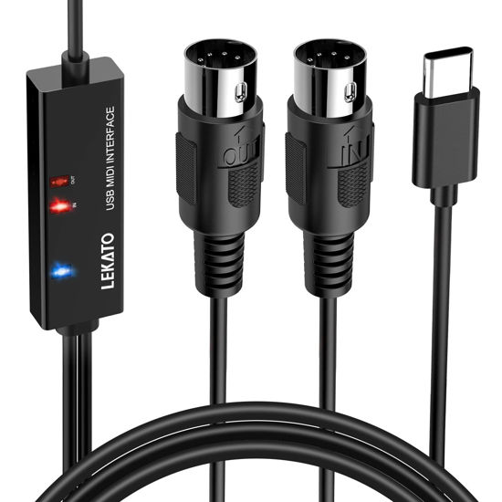 Picture of LEKATO MIDI Cable, MIDI to USB C, Type-C MIDI Interface with Input & Output Connecting Keyboard/Synthesizer for Editing Recording Professional Cord Windows/Mac Studio -6.5Ft, Black