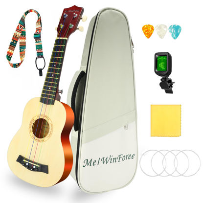 Picture of MelWinForee Soprano Ukulele 21 - Beginner Kit for Kids, Complete with Gig Bag, Strap, Tuner, Strings, Picks, Cloth - Ideal for Concerts, Left-Handed Friendly - Perfect Beginner Ukulele