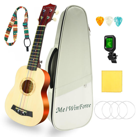 Picture of MelWinForee Soprano Ukulele 21 - Beginner Kit for Kids, Complete with Gig Bag, Strap, Tuner, Strings, Picks, Cloth - Ideal for Concerts, Left-Handed Friendly - Perfect Beginner Ukulele