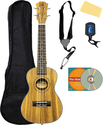 Picture of Barcelona Zebra Wood Concert Ukulele Bundle with Gig Bag, Tuner, Strap, Austin Bazaar Instructional DVD, and Polishing Cloth