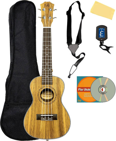 Picture of Barcelona Zebra Wood Concert Ukulele Bundle with Gig Bag, Tuner, Strap, Austin Bazaar Instructional DVD, and Polishing Cloth