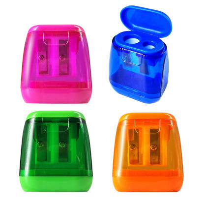Picture of Pencil Sharpener, Manual Pencil Sharpeners, 4PCS Colorful Compact Dual Holes Pencil Sharpeners with Lid, Colored Pencil Sharpener for Kids & Adults, Portable Pencil Sharpener for Travel School Office