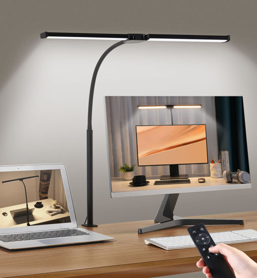 Picture of Led Desk Lamp for Home Office, Eye-Care Architect Light with Clamp, Smart Double Head Computer Monitor Table Clip Lamp, Adjustable Flexible Gooseneck, 25 Lighting Models, Task lamp, Black