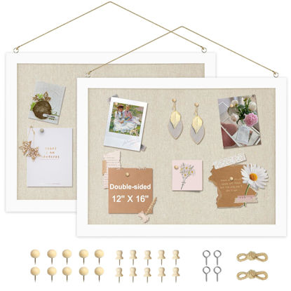 Picture of AMUSIGHT 2-Pack Double-Sided Cork Board with Linen, 16" x 12" Hanging Wood Framed Bulletin Board, Picture Display Vision Board Kit Corkboards for Wall School Office Decor, 20 Pushpins (Vintage White)