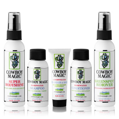 Picture of Cowboy Magic Sample Kit - Includes Rosewater Shampoo (2 oz), Rosewater Conditioner (2 oz), Super Bodyshine (3.4 oz), Greenspot Remover (3.4 oz), & Detangler & Shine (1 oz) - Perfect for Travel & Tack