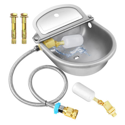 Picture of Automatic Animal Drinking Water Bowl with Float Valve, 304 Stainless Steel Kit Includes Bowl, Pipe, 2 Valves, Quick Connector Adapter and Countersunk Bolts. (Auto-Filling)