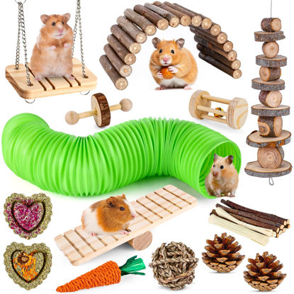 Picture of VESPRO Hamster Toys Set, Guinea Pig Toys Small Animal Chewing Toy and Rat Cage Accessories, Chinchillas, Gerbils, Rats, Rabbit Rodents Teeth Care, Apple Wood Timothy Hay Mouse Toy Swing Seesaw Bridge