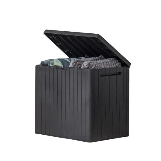 Picture of Keter City 30 Gallon Resin Outdoor Storage Box and Patio Storage Box Side Table for Pool and Garden Accessories, Dark Grey