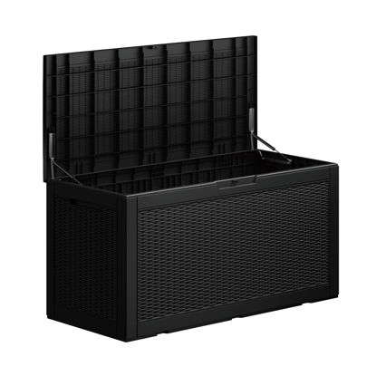 Picture of 100GAL Deck Box, Outdoor Storage Boxes Lockable Lid for Garden Tools, Patio Furniture, Pool Suppliesand Cushions Black