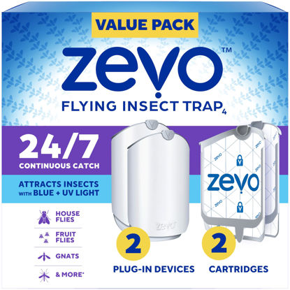 Picture of Zevo Flying Insect Trap for Indoors: Light Trap Captures Fruit Flies, Gnats and Houseflies, Starter Kit Value Pack (2 Plug-in Bases + 2 Cartridges)