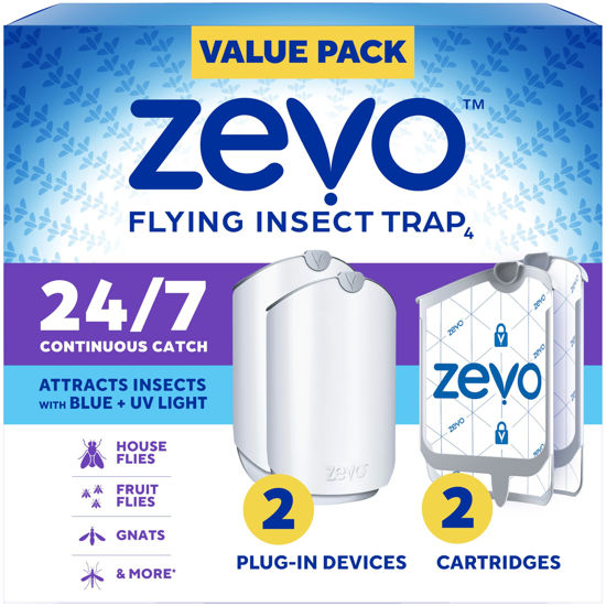 Picture of Zevo Flying Insect Trap for Indoors: Light Trap Captures Fruit Flies, Gnats and Houseflies, Starter Kit Value Pack (2 Plug-in Bases + 2 Cartridges)