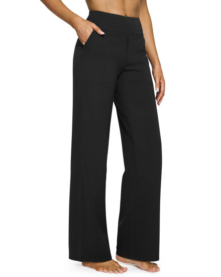 Picture of G4Free Petite Wide Leg Pants for Women Yoga Dress Pants with Pockets Straight Leg Sweatpants Stretch Business Casual Work Pants(Black,M,29")