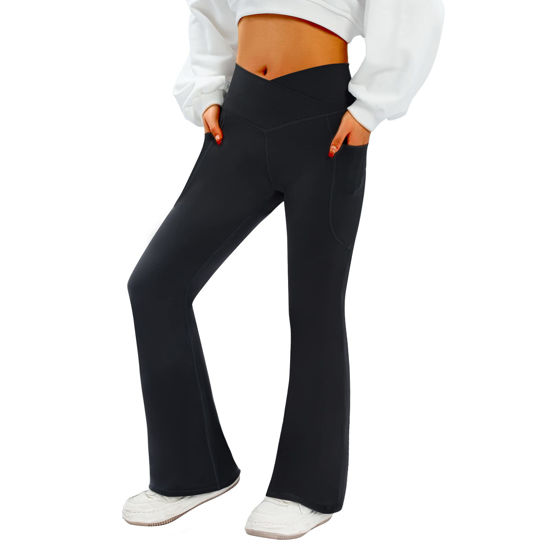 Picture of COPYLEAF Women's Flare Yoga Pants with Pockets-V Crossover High Waisted Bootcut Yoga Leggings-Flare Bell Bottom Workout Gym Leggings Black