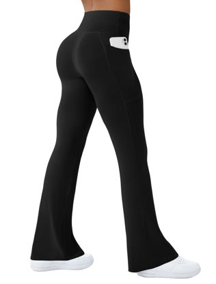 Picture of COPYLEAF Womens Yoga Pants with Pockets High Waisted Flare Leggings Bell Bottom Yoga Dress Pants Seamless Bootcut Pants(Black L)