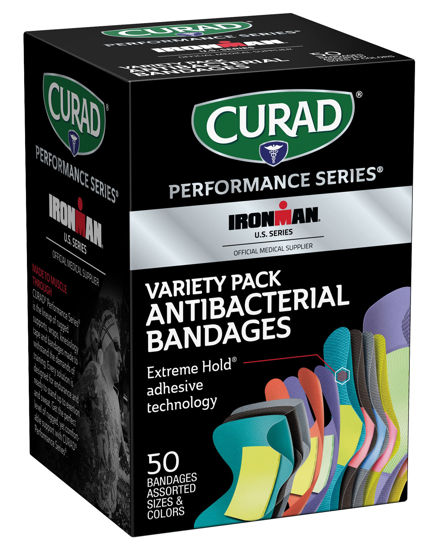 Picture of CURAD Performance Series IRONMAN Antibacterial Bandages, Extreme Hold Adhesive Technology, Finger & Knuckle Bandages, Flexible Fabric, Variety Pack with Assorted Sizes & Colors, 50 Count