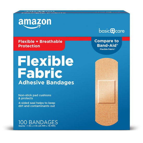 Picture of Amazon Basic Care Flexible Fabric Adhesive Bandages, First Aid and Wound Care Supplies, All-One Size, 100 Count