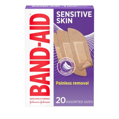 Picture of Band-Aid Brand Adhesive Bandages for Sensitive Skin, Hypoallergenic First Aid Bandages with Painless Removal, Stays on When Wet & Suitable for Eczema Prone Skin, Sterile, Assorted, 20 ct
