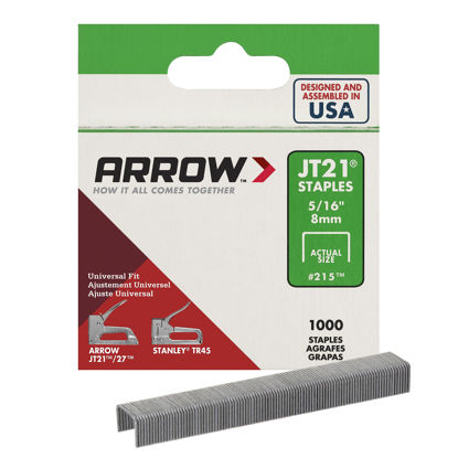 Picture of Arrow 215 JT21 Thin Wire Staples for Staple Guns and Staplers, Use for Upholstery, Crafts, General Repairs, 5/16-Inch Leg Length, 7/16-Inch Crown Width, 1000-Pack, Made in the USA