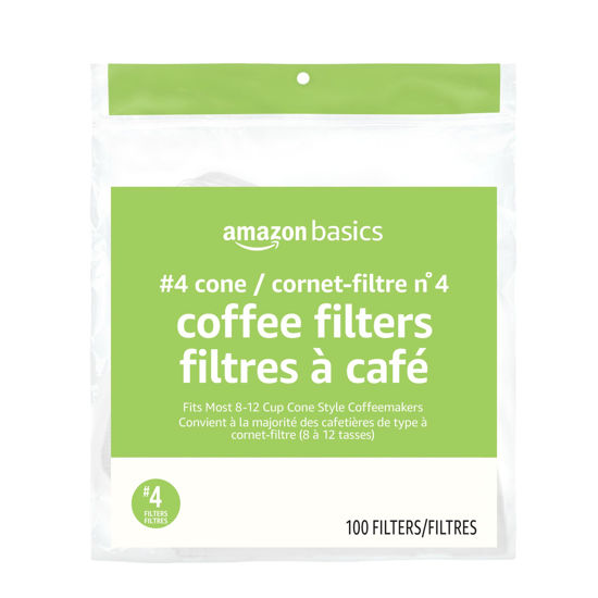 Picture of Amazon Basics Number 4 Cone Coffee Filters for 8-12 Cup Coffee Makers, White, 100 Count