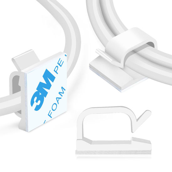Picture of XHF 5/8” Adhesive Cord Clips White 60pcs, Cable Management Staples for Under Desk, Car, Wall, TV, PC, Ethernet