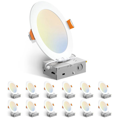 Picture of Amico 12 Pack 6 Inch 5CCT Ultra-Thin LED Recessed Ceiling Light with Junction Box, 1050LM Brightness, Dimmable Canless Wafer Downlight, 12W, ETL&FCC