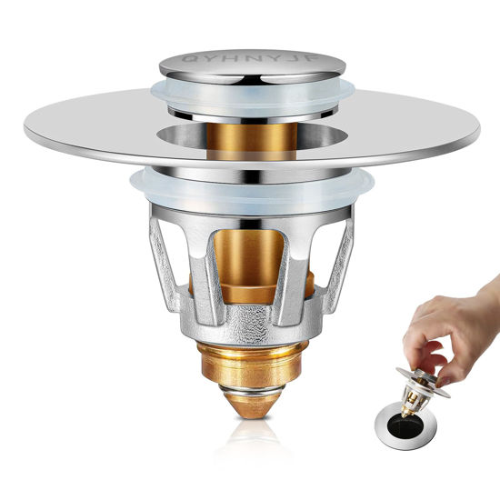 Picture of QYHNYJF Bathroom Sink Stopper,UniversalBasin Pop Up Bathroom Drain Stopper, for 1.1~1.5 in U.S. Standard Drain Holes, with Hair Catcher Anti Clogging Bathroom Sink Drain Strainer (Silver)