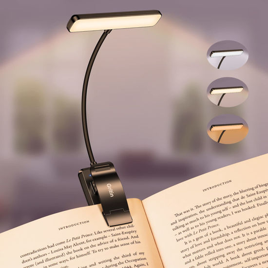 Picture of Gritin 19 LED Rechargeable Book Light for Reading in Bed with Memory Function- Eye Caring 3 Color Temperatures,Stepless Dimming Brightness,80 Hrs Runtime Lightweight Clip On Light for Book Lovers