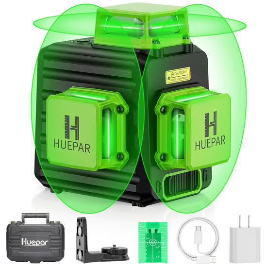 Picture of Huepar Laser Level 360 Self Leveling, 3 x 360° High Brightness Cross Line Laser for Construction and Picture Hanging, 12 Green Laser Level Tool with 5200 mAh Rechargeable Battery & Hard Carry Case