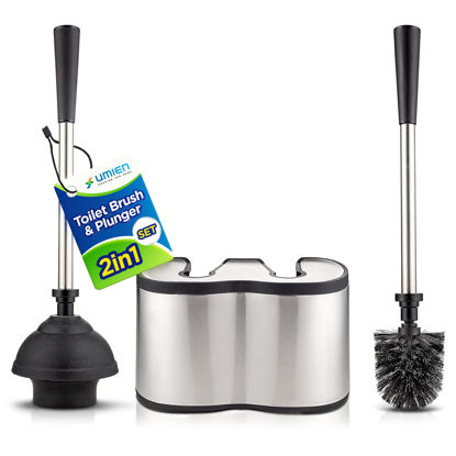Picture of UMIEN Toilet Brush and Plunger Set 18-in - Updated 2025 No-Rust - Stainless Steel Design - Long Handles - with Freestanding Canister