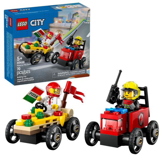 Picture of LEGO City Pizza vs. Fire Truck Race Car Pack Toy - Building Toy for Kids, Boys and Girls, Ages 5+ - Gift for Birthdays and Holidays - Includes Chef and Firefighter Minifigures - 60458