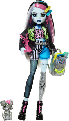 Picture of Monster High Frankie Stein Doll in Denim Jacket & Shorts, Includes Pet Dog Watzie & Accessories Like a Backpack, Snack & Notebook