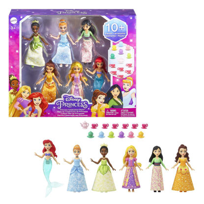 Picture of Mattel Disney Princess Toys, Small Doll Party Set with 6 Posable Princess Dolls in Sparkling Clothing & 13 Tea Time Accessories