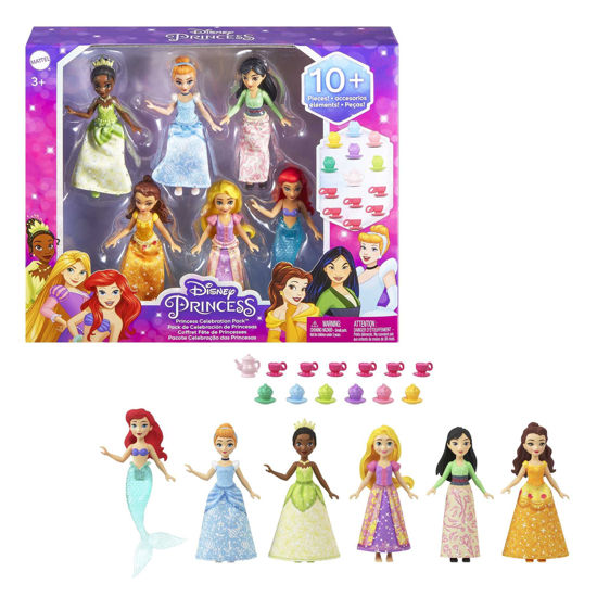 Picture of Mattel Disney Princess Toys, Small Doll Party Set with 6 Posable Princess Dolls in Sparkling Clothing & 13 Tea Time Accessories