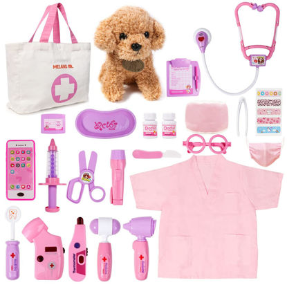 Picture of Meland Toy Doctor Kit for Girls - Pretend Play Doctor Set with Dog Toy, Carrying Bag, Stethoscope Toy & Dress Up Costume - Doctor Play Gift for Kids Toddlers Ages 3 4 5 6 Year Old for Role Play