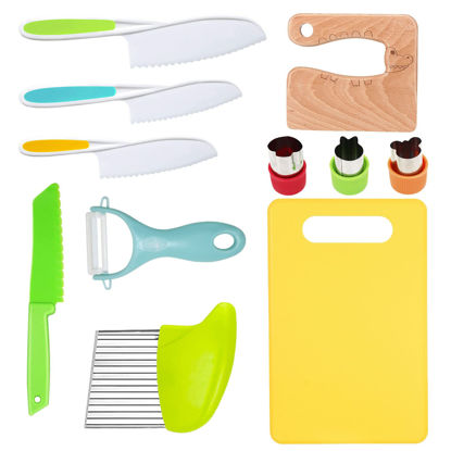 Picture of RISICULIS 11 Pieces Wooden Kids Kitchen Knife, Kids Knife Set Include Wood Kids Knife, Serrated Edges Plastic Toddler Knife, Crinkle Cutter, Sandwich Cutter, Y Peeler, Cutting Board