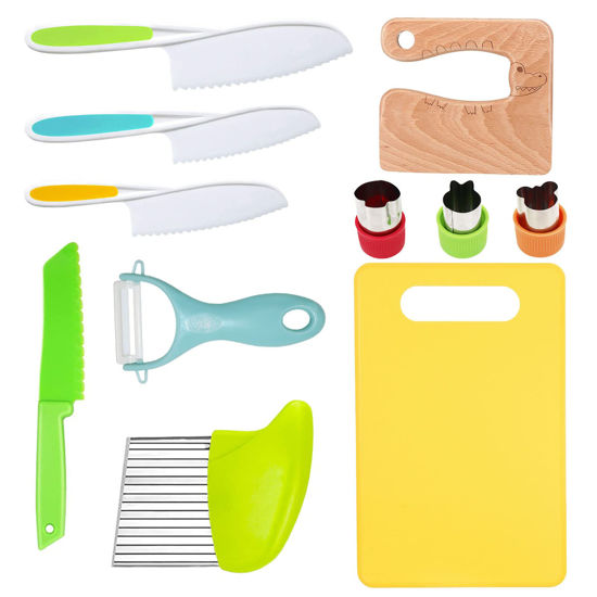 Picture of RISICULIS 11 Pieces Wooden Kids Kitchen Knife, Kids Knife Set Include Wood Kids Knife, Serrated Edges Plastic Toddler Knife, Crinkle Cutter, Sandwich Cutter, Y Peeler, Cutting Board