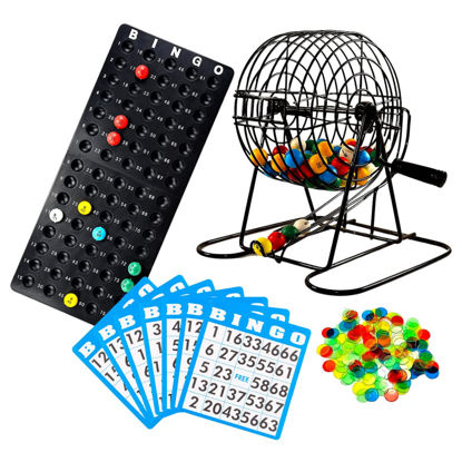 Picture of Regal Bingo Deluxe Bingo Game Set with 8" Wheel Cage, 75 Bingo Balls, Master Board, 18 Bingo Cards, and Colorful Chips - Bingo Games for Adults Large Group