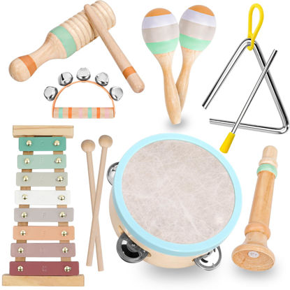 Picture of Raimy Musical Instruments Set - Neutral Colors Wooden Montessori Toys Percussion Music Modern Boho Xylophone Birthday Gifts for 1 2 3 Year Old Kids Baby Toddlers Boys Girls with Storage Bag
