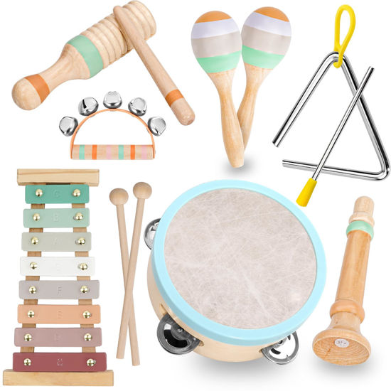 Picture of Raimy Musical Instruments Set - Neutral Colors Wooden Montessori Toys Percussion Music Modern Boho Xylophone Birthday Gifts for 1 2 3 Year Old Kids Baby Toddlers Boys Girls with Storage Bag