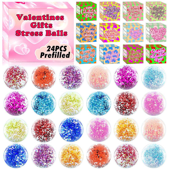 Picture of Valentines Day Gifts for Kids Classroom,24PACK Prefilled Valentines Day Box for Kids with Stress Ball ,Valentines Party Favors Classroom Prizes,Valentine Exchange Gifts for Kids