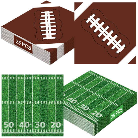 Picture of 50 PCS Football Party Supplies, 6.5 Inches Football Napkins with 2 Styles, Disposable Football Paper Napkins, Football Theme Napkins for Game Day Touchdown Birthday Party Decorations