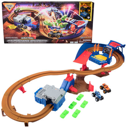 Picture of Monster Jam, Supercharge Speedway Playset, Megalodon and El Toro Loco Die-Cast Monster Trucks, Light Up World Finals Track Kids Toys for Boys Ages 3 and Up