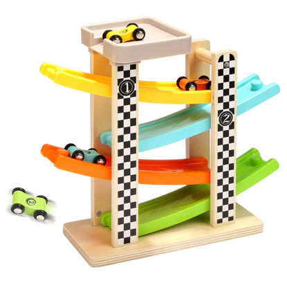 Picture of Toddler Toys for 1 2 Year Old Boy and Girl Gifts Wooden Race Track Car Ramp Racer with 4 Mini Car