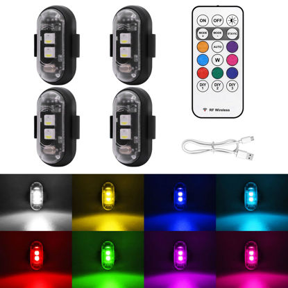 Picture of 4PCS Wireless LED Strobe Lights with Remote Control, 8 Colors USB Charing Waterproof Anti-Collision Led Emergency Warning Lights for Car Motorcycle Drone Aircraft Bike